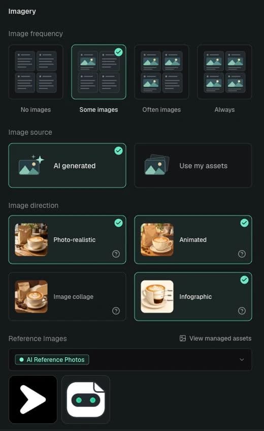 Image preferences for Postede’s Shipped proof content type: Some images, AI generated, selected image styles, and managed assets under Reference Images.