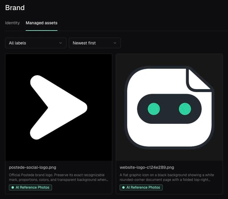 Postede’s Brand page with the Managed assets tab selected, showing two brand images labeled AI Reference Photos.