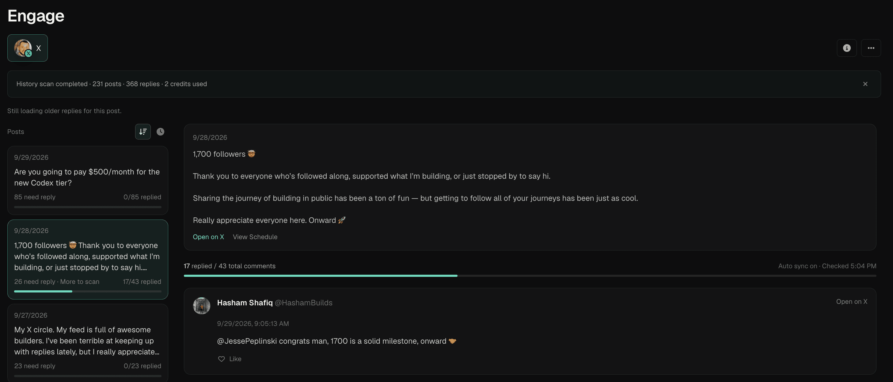 Postede's Engage tab showing X posts sorted by unanswered replies and the conversation for a selected post.