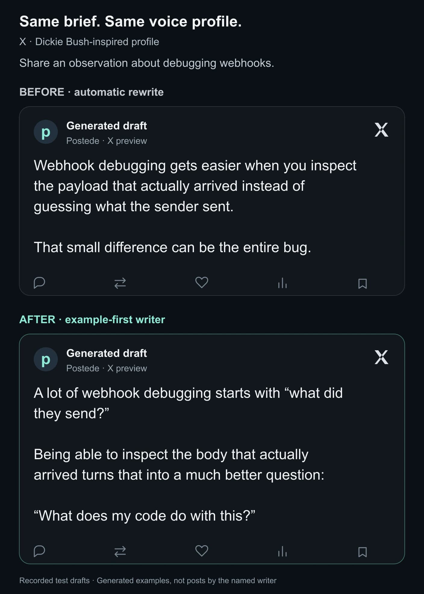 Before and after generated X drafts using the same Dickie Bush-inspired profile. Before: Webhook debugging gets easier when you inspect the payload that actually arrived instead of guessing what the sender sent. That small difference can be the entire bug. After: A lot of webhook debugging starts with what did they send? Being able to inspect the body that actually arrived turns that into a much better question: What does my code do with this?