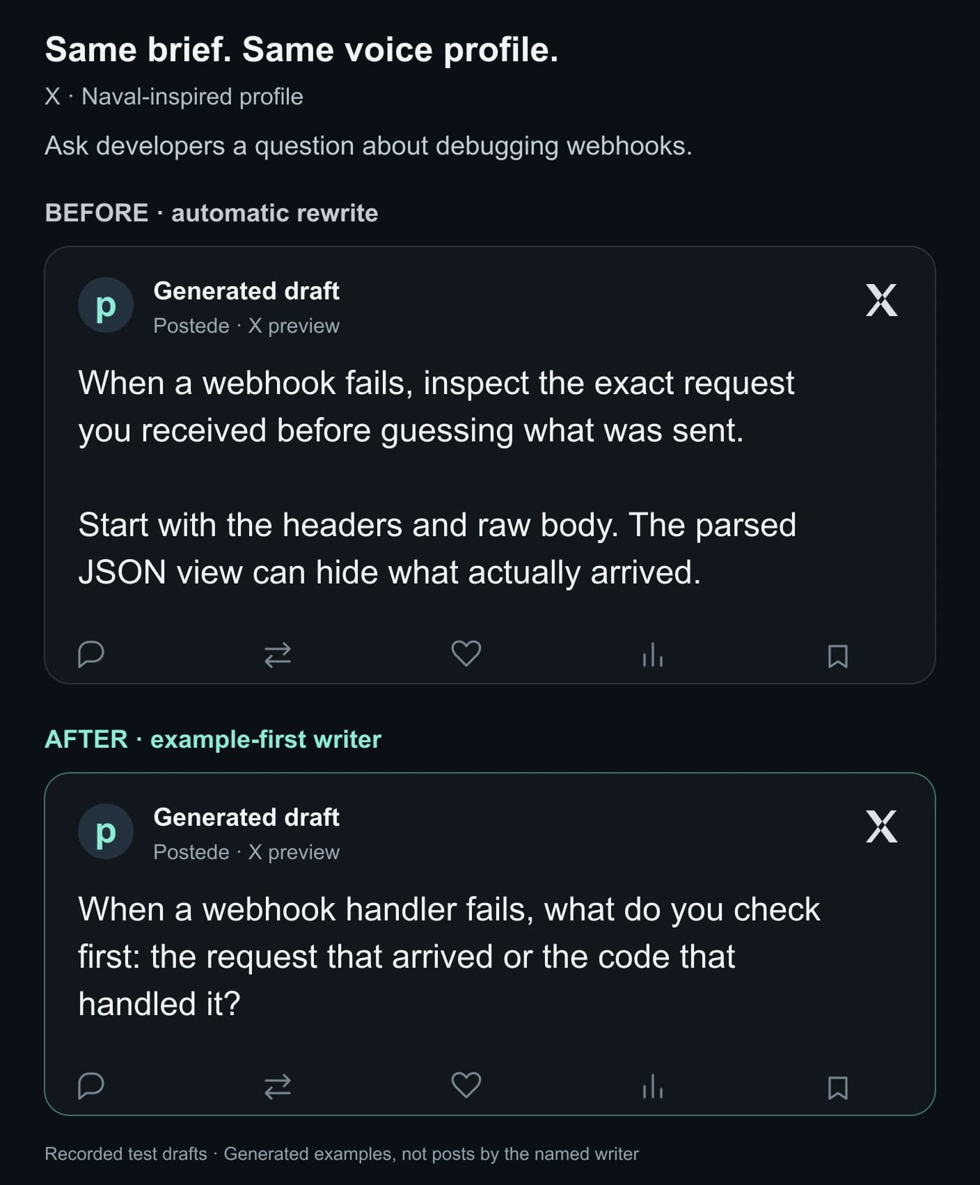 Before and after generated X drafts using the same Naval-inspired profile. The earlier rewrite gives two paragraphs of debugging advice. The example-first draft asks: When a webhook handler fails, what do you check first: the request that arrived or the code that handled it?
